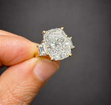 Load image into Gallery viewer, Cushion Cut Center And Trapezid Shape Sides Diamond Engagement Ring IGI Certified 14k Solid Yellow Gold Three Stone Style Ring 6.00ctw G-VS2