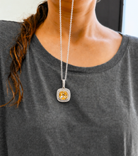 Load image into Gallery viewer, Round Cut Natural Yellow Citrine And Simulated Diamonds Dangling Earrings Double Halo Style Pendant And Chain Necklace 14K White Gold 2.50ct