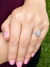 Load image into Gallery viewer, Emerald Cut And Round Cut Sides Simulated Diamonds Engagement Ring Set Halo Wedding Ring Minimalist Bridal Ring 14K Solid White Gold 1.50ctw