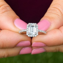 Load image into Gallery viewer, Emerald Cut And Round Cut Sides Simulated Diamonds Engagement Ring Set Halo Wedding Ring Minimalist Bridal Ring 14K Solid White Gold 1.50ctw
