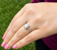 Load image into Gallery viewer, Emerald Cut And Round Cut Sides Simulated Diamonds Engagement Ring Set Halo Wedding Ring Minimalist Bridal Ring 14K Solid White Gold 1.50ctw