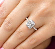 Load image into Gallery viewer, Emerald Cut And Round Cut Sides Simulated Diamonds Engagement Ring Set Halo Wedding Ring Minimalist Bridal Ring 14K Solid White Gold 1.50ctw
