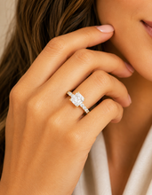 Load image into Gallery viewer, Asscher Cut and Round Cut Three Sides Diamond Engagement Ring Prong Set Wedding Bridal Ring IGI Certified 14K Solid Yellow Gold 3.00ctw