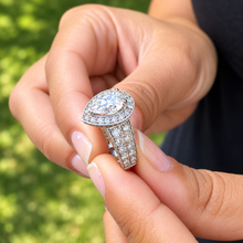 Load image into Gallery viewer, Pear Shape And Round Cut Sides Moissanites Engagement Ring Halo Filigree Motif Design Wedding Ring 14K Solid And Heavy White Gold 3.50ctw