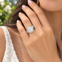 Load image into Gallery viewer, Pear Shape And Round Cut Sides Moissanites Engagement Ring Halo Filigree Motif Design Wedding Ring 14K Solid And Heavy White Gold 3.50ctw