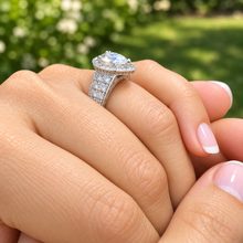 Load image into Gallery viewer, Pear Shape And Round Cut Sides Moissanites Engagement Ring Halo Filigree Motif Design Wedding Ring 14K Solid And Heavy White Gold 3.50ctw