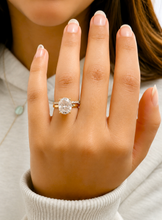 Load image into Gallery viewer, Oval Cut Simulated Diamonds And Round Cut Sides Engagement Ring And Matching Band Solitaire Wedding Set 5.30ctw Set In 14K Solid Yellow Gold