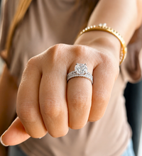 Load image into Gallery viewer, Round Cut Simulated Diamonds Engagement Ring And Two Matching Bands Set Halo Wedding Set Prong Set Propose Bridal Set 14K White Gold 3.70ct