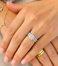 Load image into Gallery viewer, Round Cut Simulated Diamonds Engagement Ring And Two Matching Bands Set Halo Wedding Set Prong Set Propose Bridal Set 14K White Gold 3.70ct