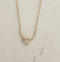 Load image into Gallery viewer, Dainty Minimalist 14k solid yellow gold round cut moissanite, bezel set, solitaire necklace and chain, Pendant, Bridal, Wedding 0.35ct