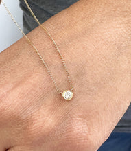 Load image into Gallery viewer, Dainty Minimalist 14k solid yellow gold round simulated diamond bezel solitaire necklace and chain, Pendant, Bridal, Wedding 0.35ct