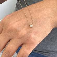 Load image into Gallery viewer, Dainty Minimalist 14k solid yellow gold round cut moissanite, bezel set, solitaire necklace and chain, Pendant, Bridal, Wedding 0.35ct