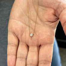 Load image into Gallery viewer, Dainty Minimalist 14k solid yellow gold round cut moissanite, bezel set, solitaire necklace and chain, Pendant, Bridal, Wedding 0.35ct