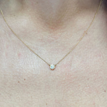 Load image into Gallery viewer, Dainty Minimalist 14k solid yellow gold round simulated diamond bezel solitaire necklace and chain, Pendant, Bridal, Wedding 0.35ct