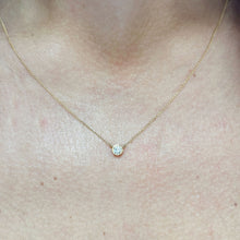 Load image into Gallery viewer, Dainty Minimalist 14k solid yellow gold round cut moissanite, bezel set, solitaire necklace and chain, Pendant, Bridal, Wedding 0.35ct