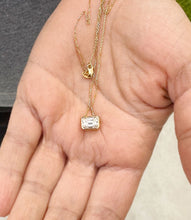 Load image into Gallery viewer, Dainty Minimalist 14k Solid Yellow Gold Emerald Cut Moissanite, Bezel Set, Solitaire Necklace And Chain, Pendant, Bridal, Wedding 2.00ct