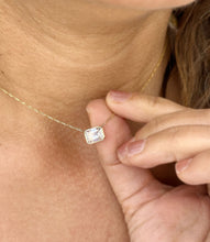 Load image into Gallery viewer, Dainty Minimalist 14k Solid Yellow Gold Emerald Cut Moissanite, Bezel Set, Solitaire Necklace And Chain, Pendant, Bridal, Wedding 2.00ct