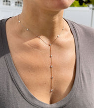 Load image into Gallery viewer, Minimalist 14k solid rose gold round cut Moissanites by the yard Y style bezel set necklace Pendant Bridal Gift For Her Wedding Gift 0.75ct