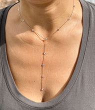 Load image into Gallery viewer, Minimalist 14k solid rose gold round cut Moissanites by the yard Y style bezel set necklace Pendant Bridal Gift For Her Wedding Gift 0.75ct