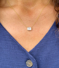 Load image into Gallery viewer, Dainty Minimalist 14k Solid Yellow Gold Emerald Cut Moissanite, Bezel Set, Solitaire Necklace And Chain, Pendant, Bridal, Wedding 2.00ct