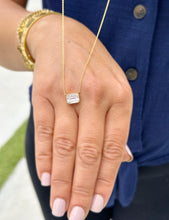Load image into Gallery viewer, Dainty Minimalist 14k Solid Yellow Gold Emerald Cut Moissanite, Bezel Set, Solitaire Necklace And Chain, Pendant, Bridal, Wedding 2.00ct