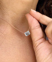 Load image into Gallery viewer, Dainty Minimalist 14k Solid Rose Gold Emerald Cut Natural Blue Topaz Bezel Set Solitaire Necklace And Chain Pendant Wedding Gift 2.00ct