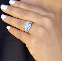 Load image into Gallery viewer, Round Cut Simulated Diamonds Engagement Ring And Band Three Stone Style Halo Bezel Set 14K Solid White Gold Wedding Bridal Set 2.75ctw