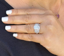 Load image into Gallery viewer, Round Cut Simulated Diamonds Engagement Ring And Band Three Stone Style Halo Bezel Set 14K Solid White Gold Wedding Bridal Set 2.75ctw