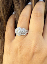 Load image into Gallery viewer, Round Cut Simulated Diamonds Engagement Ring And Band Three Stone Style Halo Bezel Set 14K Solid White Gold Wedding Bridal Set 2.75ctw