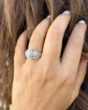 Load image into Gallery viewer, Round Cut Simulated Diamonds Engagement Ring And Band Three Stone Style Halo Bezel Set 14K Solid White Gold Wedding Bridal Set 2.75ctw