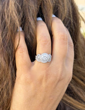 Load image into Gallery viewer, Round Cut Simulated Diamonds Engagement Ring And Band Three Stone Style Halo Bezel Set 14K Solid White Gold Wedding Bridal Set 2.75ctw