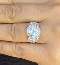 Load image into Gallery viewer, Round Cut Simulated Diamonds Engagement Ring And Band Three Stone Style Halo Bezel Set 14K Solid White Gold Wedding Bridal Set 2.75ctw