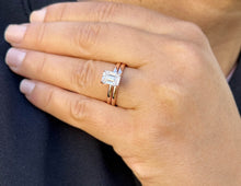 Load image into Gallery viewer, Emerald Cut Moissanites Engagement Ring And Band 14K Solid Rose Gold Wedding Ring Set Four Prong Inner Halo Solitaire Bridal Set 1.60ctw