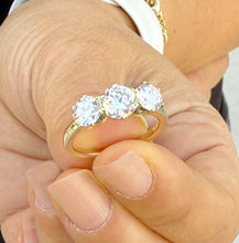 Load image into Gallery viewer, Three Stone Style Solitaire 14K Solid Yellow Gold Round Cut Simulated Diamonds Engagement Ring Prong Set Wedding Bridal Ring 2.00ctw