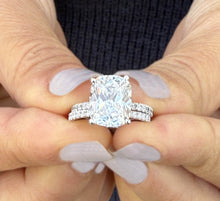 Load image into Gallery viewer, Rectangular Cushion Cut Moissanite Engagement Ring And Matching Band Set In 14K Solid White Gold Four Prong Wedding Ring And Band 5.20ctw