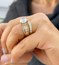 Load image into Gallery viewer, Cushion and Round Cut Moissanites Engagement Ring And Band Set In 14K Solid And Heavy Yellow Gold Wedding Bridal Set Hidden Halo Style 7.50
