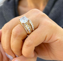 Load image into Gallery viewer, Cushion and Round Cut Moissanites Engagement Ring And Band Set In 14K Solid And Heavy Yellow Gold Wedding Bridal Set Hidden Halo Style 7.50