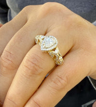 Load image into Gallery viewer, Pear Shape Moissanite And Round Cut Sides Engagement Ring Halo Style Wedding Ring Antique style Bridal Ring In 14k Solid Yellow Gold 1.70ctw