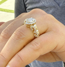 Load image into Gallery viewer, Pear Shape Moissanite And Round Cut Sides Engagement Ring Halo Style Wedding Ring Antique style Bridal Ring In 14k Solid Yellow Gold 1.70ctw
