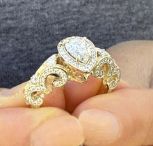 Load image into Gallery viewer, Pear Shape Moissanite And Round Cut Sides Engagement Ring Halo Style Wedding Ring Antique style Bridal Ring In 14k Solid Yellow Gold 1.70ctw