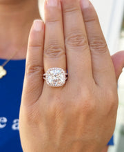 Load image into Gallery viewer, Cushion Cut and Round Cut Sides Simulated Diamonds Engagement Ring 14K Solid Rose Gold Halo Split Shank Design Wedding Bridal Ring 7.70ctw