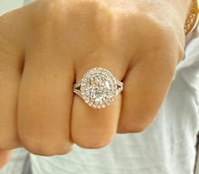 Load image into Gallery viewer, Oval Shape and Round Cut Sides Simulated Diamonds Engagement Ring Double Halo Wedding Ring Split Shank Bridal Ring 14K Solid Rose Gold 2.80ctw