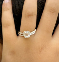 Load image into Gallery viewer, Emerald Cut And Round Cut Sides Moissanites Engagement Ring And Matching Band Set Halo Wedding Set 14K Solid Yellow Gold Bridal Set 2.00ctw