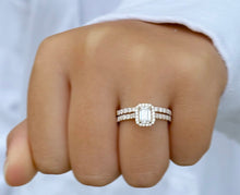 Load image into Gallery viewer, Emerald Cut And Round Cut Sides Moissanites Engagement Ring And Matching Band Set Halo Wedding Set 14K Solid Yellow Gold Bridal Set 2.00ctw