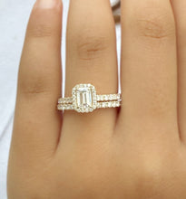 Load image into Gallery viewer, Emerald Cut And Round Cut Sides Moissanites Engagement Ring And Matching Band Set Halo Wedding Set 14K Solid Yellow Gold Bridal Set 2.00ctw