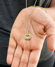 Load image into Gallery viewer, Round Cut Natural Yellow Citrine And Simulated Diamonds Dangling Earrings Double Halo Style Pendant And Chain Necklace 14K White Gold 2.50ct