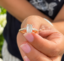 Load image into Gallery viewer, Emerald Cut Moissanite Center And Baguettes Cut Sides Engagement Ring Prong Set Style In 14k White or Yellow Gold Bridal Wedding Ring 2.30ct