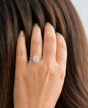 Load image into Gallery viewer, Oval Shape and Round Cut Sides Simulated Diamonds Engagement Ring Prong Set Wedding Ring Halo Style Bridal Ring 14K Solid White Gold 2.50ctw