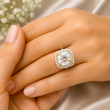 Load image into Gallery viewer, Cushion Cut And Round Cut Moissanite Engagement Ring Set Double Halo Wedding Bridal Set 14K Solid White and Yellow Gold 6.50ctw