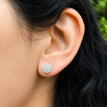 Load image into Gallery viewer, Round Cut Simulated Diamonds Studs Earrings Screw Backs Prong Set Halo Style In 14k Solid White Gold Gift For Her 1.40ctw
